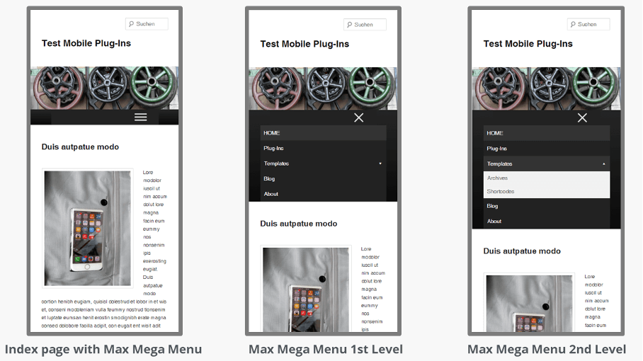 La visualizzazione di un sito web mobile con il plugin installato Max Mega Menu