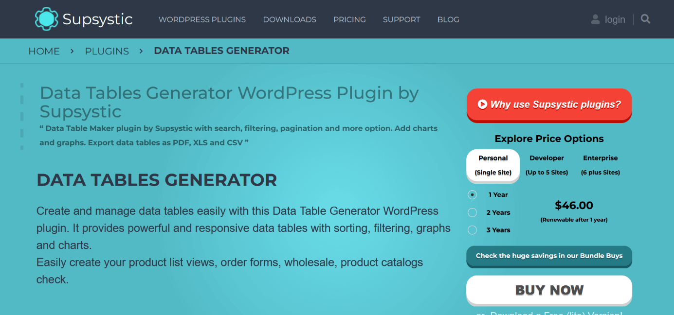 Screenshot della pagina web del plugin per tabelle “Data Tables Generator”