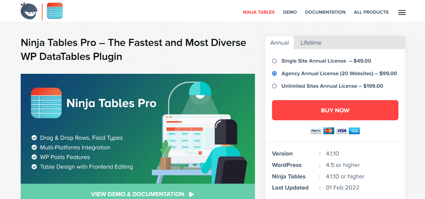 Screenshot del sito web del plugin per tabelle “Ninja Tables Pro”