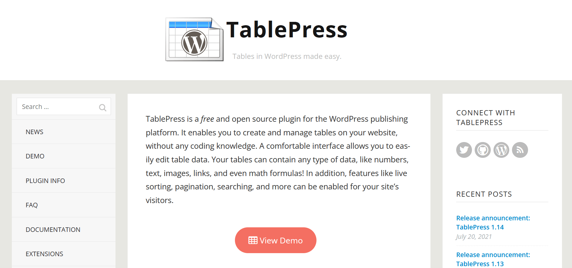 Screenshot del sito web del plugin per tabelle “TablePress”