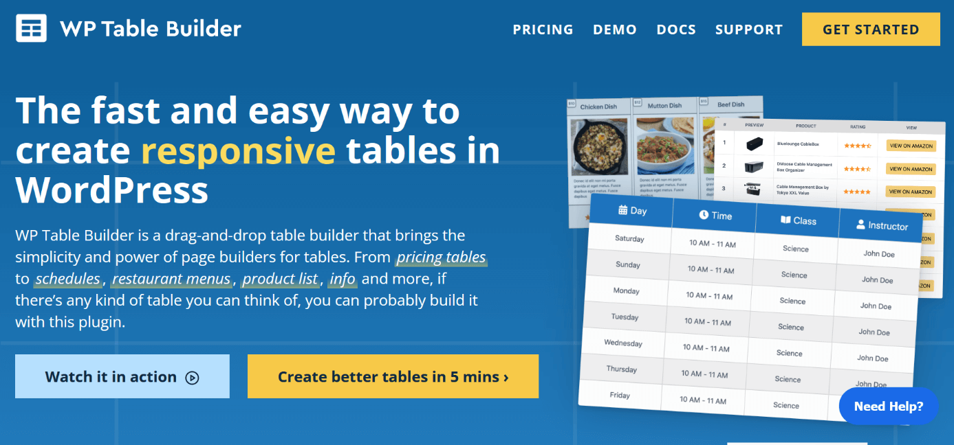 Screenshot del sito web del plugin per tabelle “WP Table Builder”