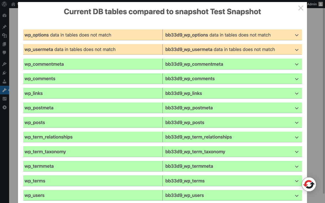Screenshot della pagina snapshot del plugin “WP Reset” con un confronto tra snapshot