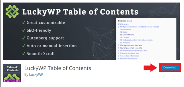 Pagina di download del plugin “LuckyWP Table of Contents”