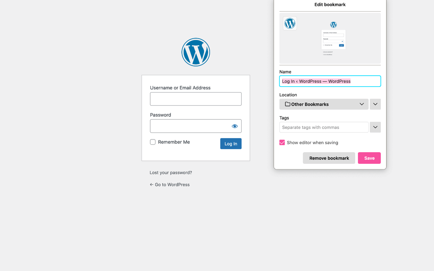 Segnalibro della pagina di login di WordPress nel browser
