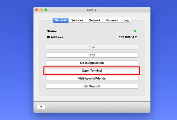 Interfaccia utente di XAMPP con il pulsante “Open Terminal”