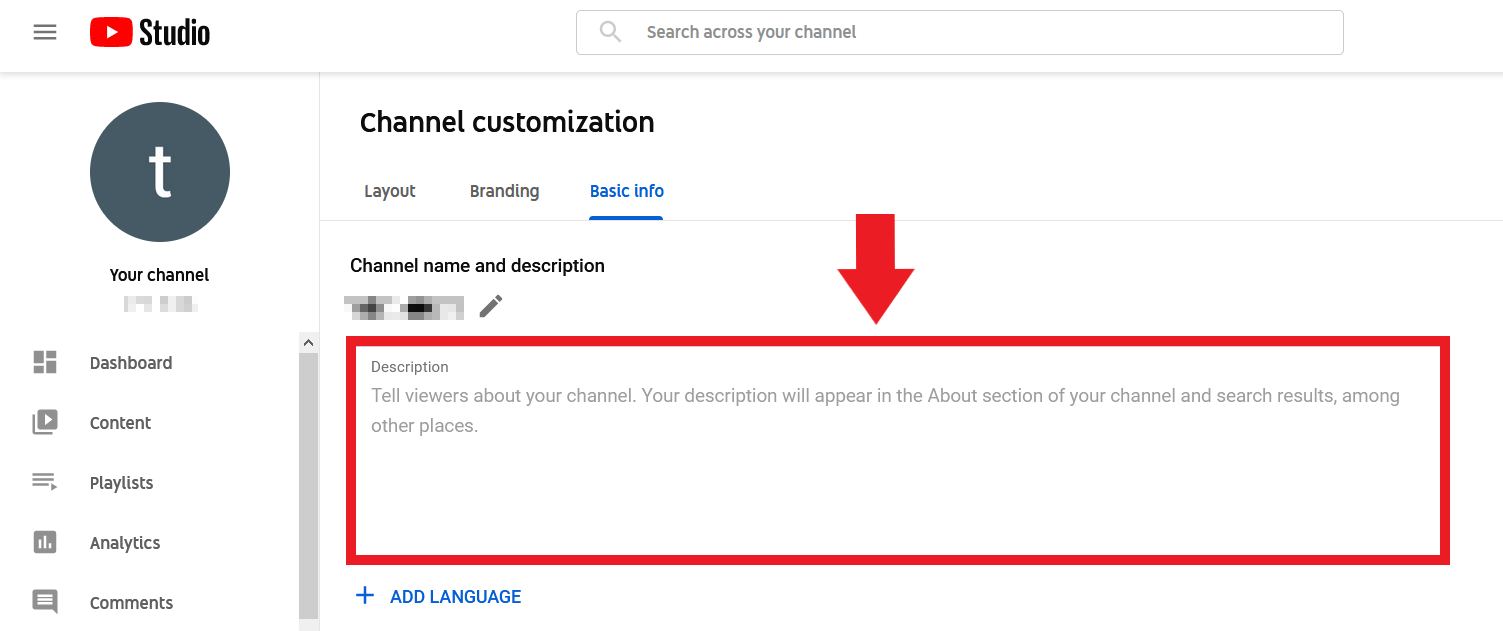 Descrizione del canale YouTube nel campo “Descrizione”