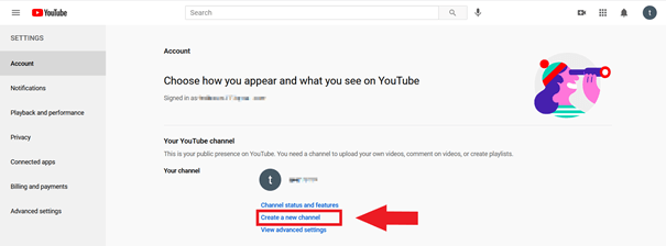 Impostazioni di YouTube: “Crea un nuovo canale”
