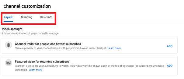 Menu di YouTube “Personalizzazione del canale”