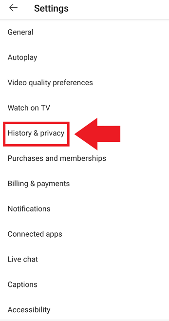 Impostazioni dell’app di YouTube: “Cronologia e privacy”