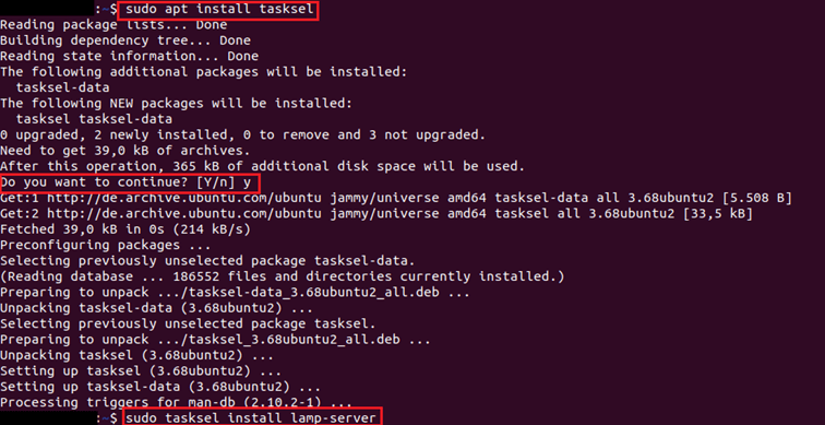 Schermata del terminale Ubuntu con il comando di installazione di Tasksel e del server LAMP