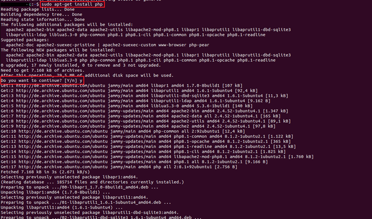 Schermata del terminale di Ubuntu dopo aver inserito il comando di installazione di PHP
