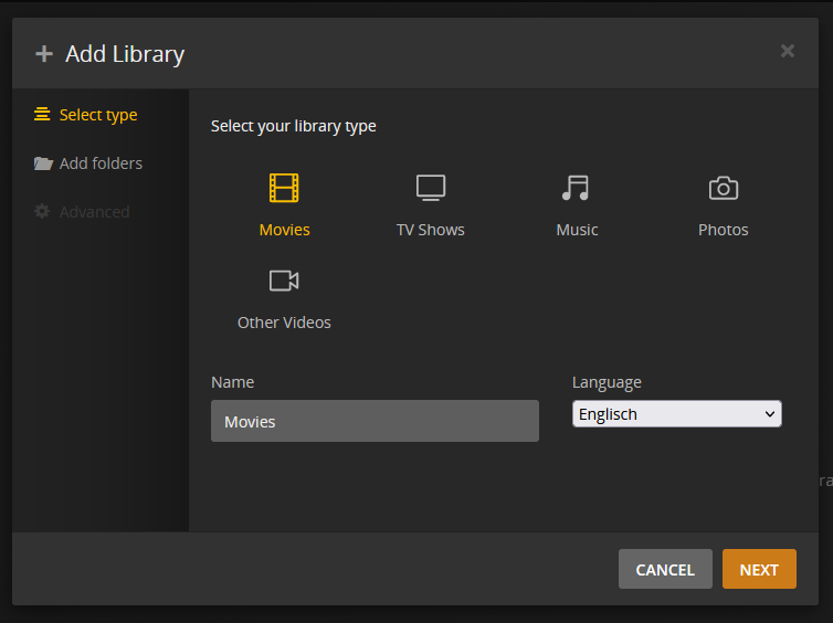 Aggiunta di una nuova libreria per Plex Media Server Aggiunta di una nuova libreria per Plex Media Server