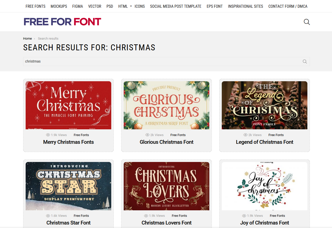 Screenshot del sito di freeforfonts.com con il risultato di ricerca per “christmas”