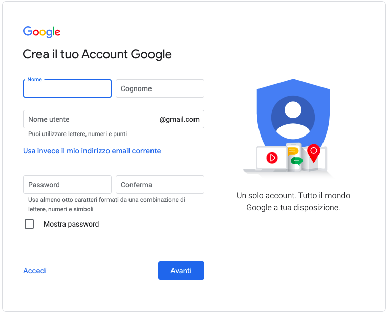 La pagina di registrazione per la creazione di un account Google
