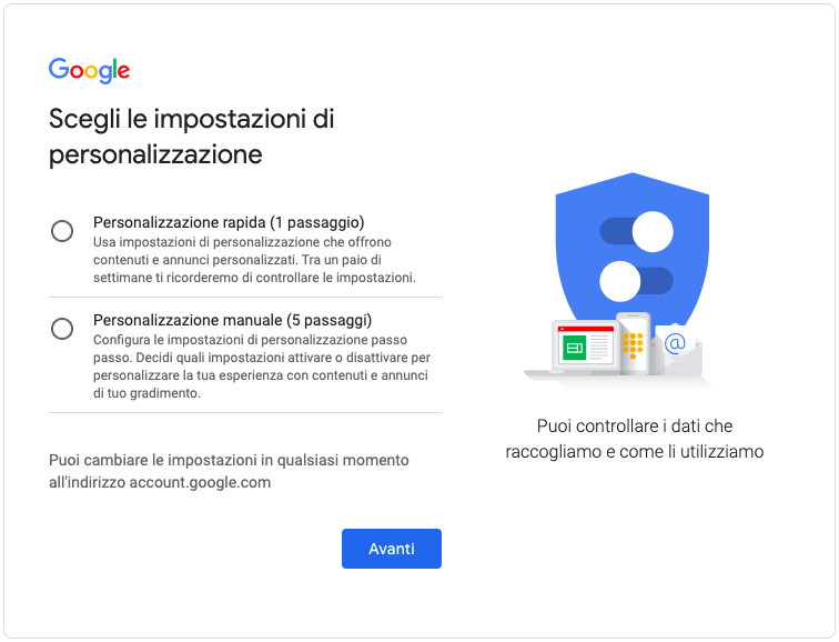 La pagina di registrazione di Google con le opzioni di personalizzazione