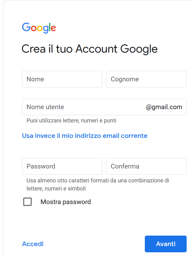 Inserimento di nome, nome utente e password su Google