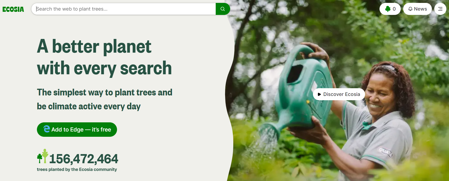 La pagina iniziale del motore di ricerca Ecosia