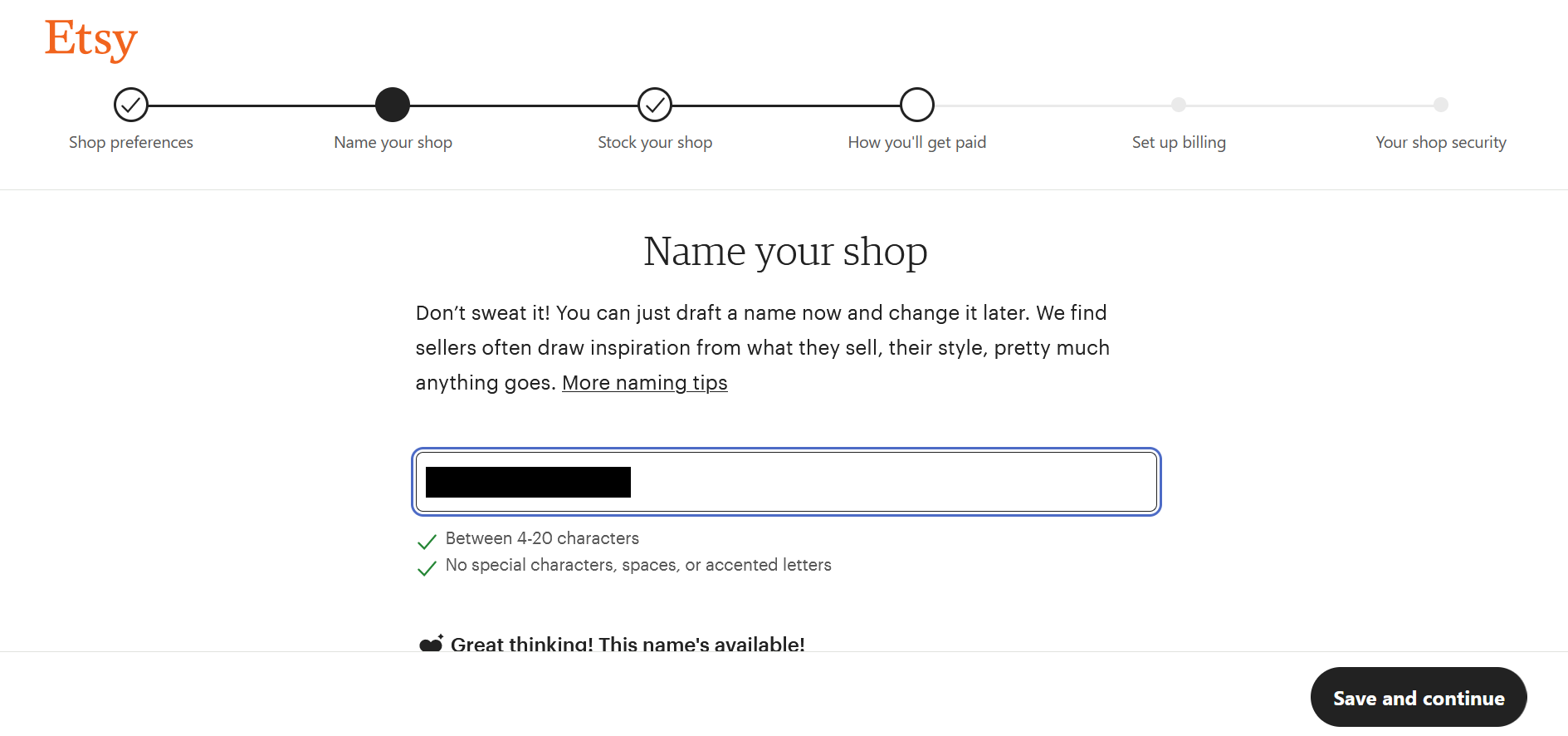 Screenshot della pagina di attribuzione del nome di un nuovo negozio Etsy