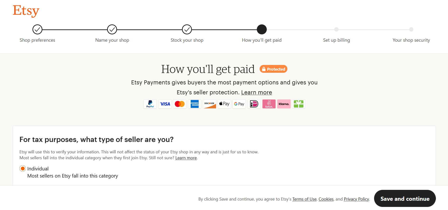 Screenshot dei metodi di pagamento di un negozio Etsy