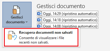 Funzione di salvataggio automatico di Word nel menu “File > Informazioni > Gestisci documento”.