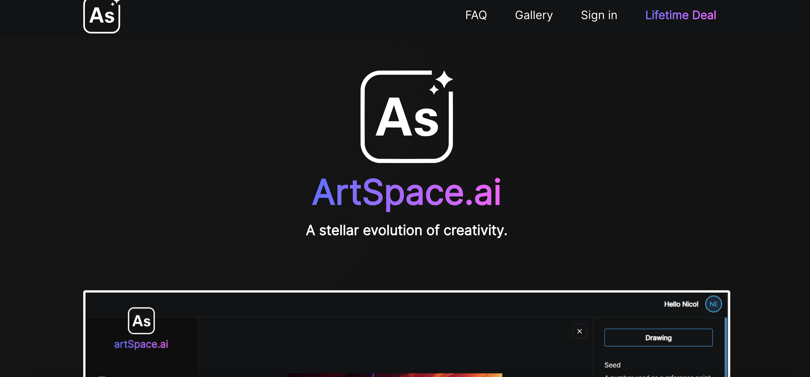 Screenshot del sito web di ArtSpace.ai