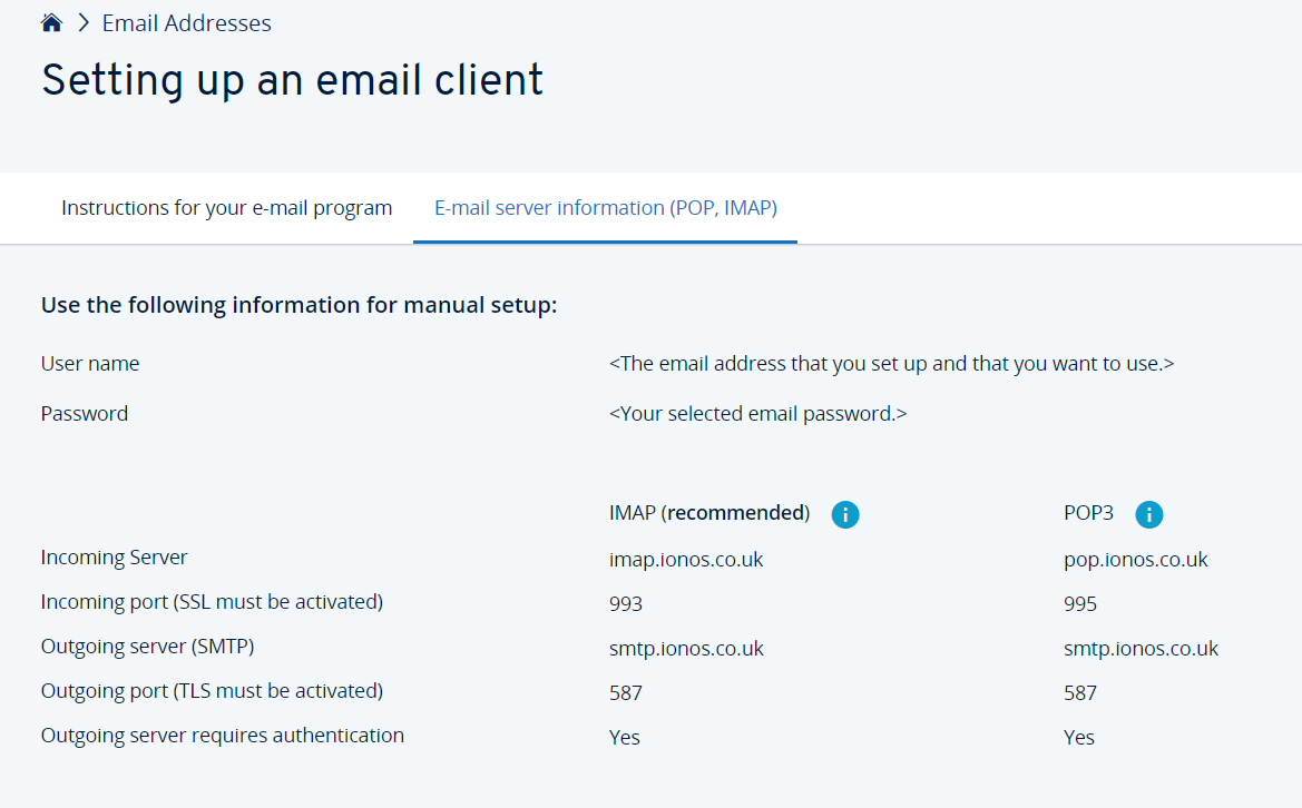 IONOS: configurazione del programma di posta elettronica, autenticazione SMTP inclusa