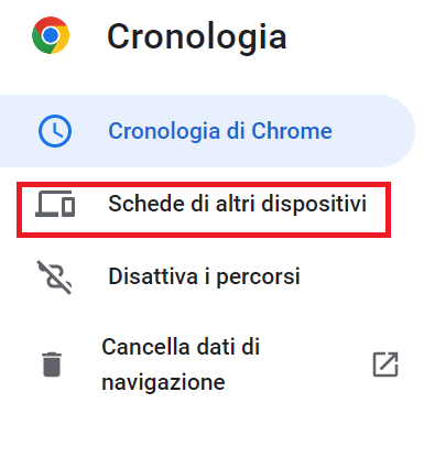 Screenshot delle opzioni relative alla cronologia di Google nel browser Chrome