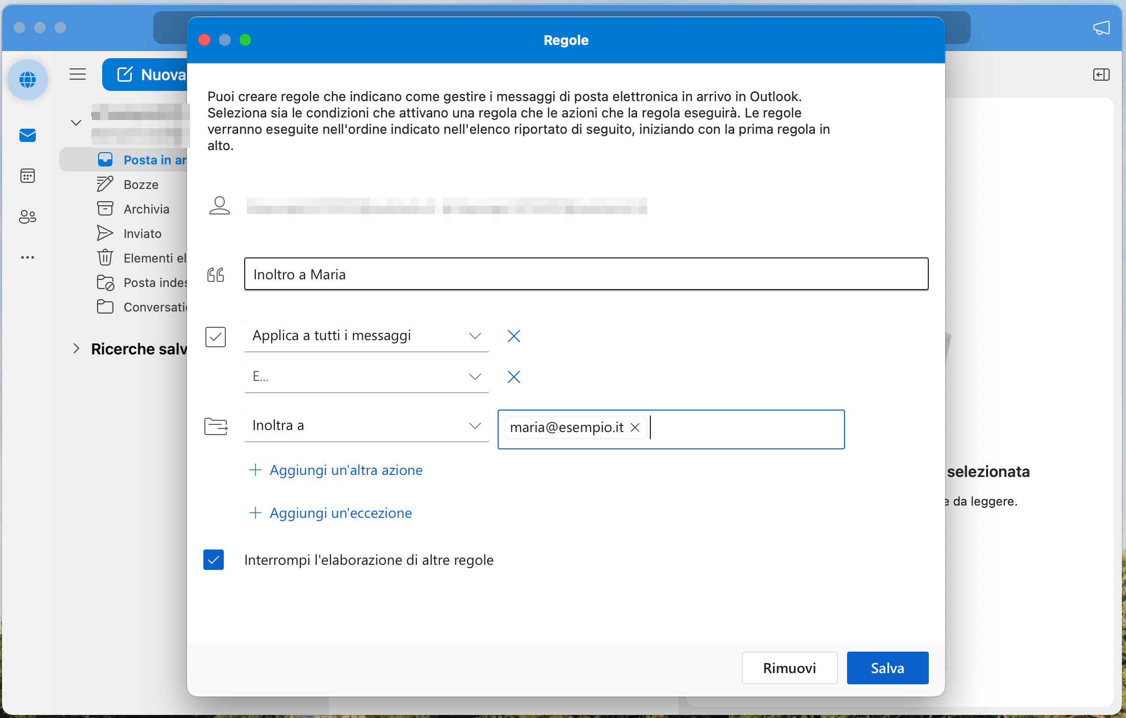 Microsoft Office per Mac: configurazione delle regole nella finestra di dialogo “Regole”
