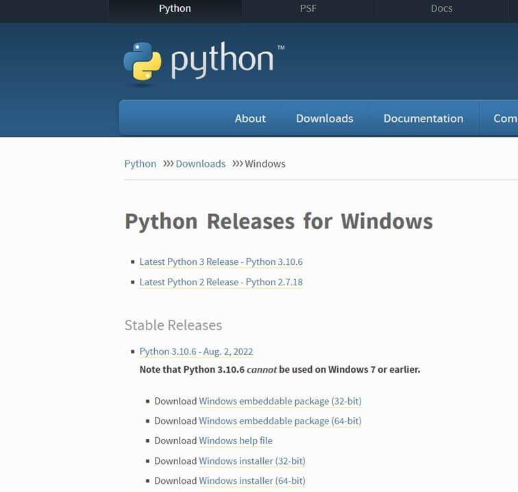 Screenshot della pagina di Python per scaricare le versioni Windows