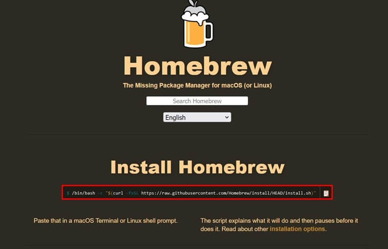 Screenshot del sito web inglese di Homebrew