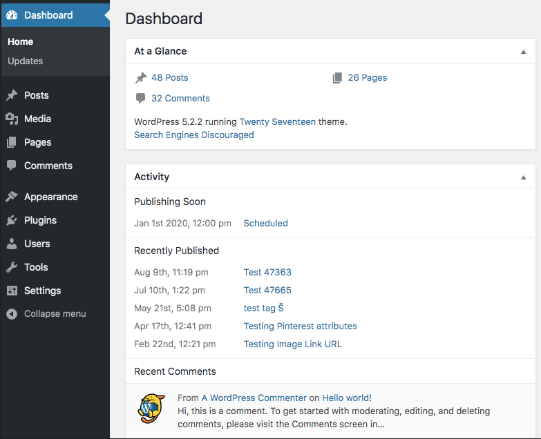 Screenshot della dashboard di WordPress