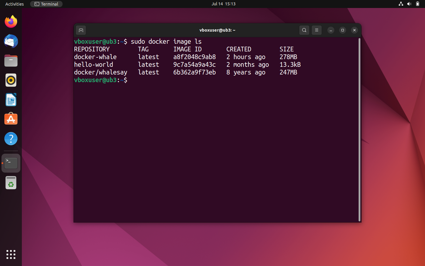 Panoramica nel terminale di Ubuntu di tutte le immagini locali