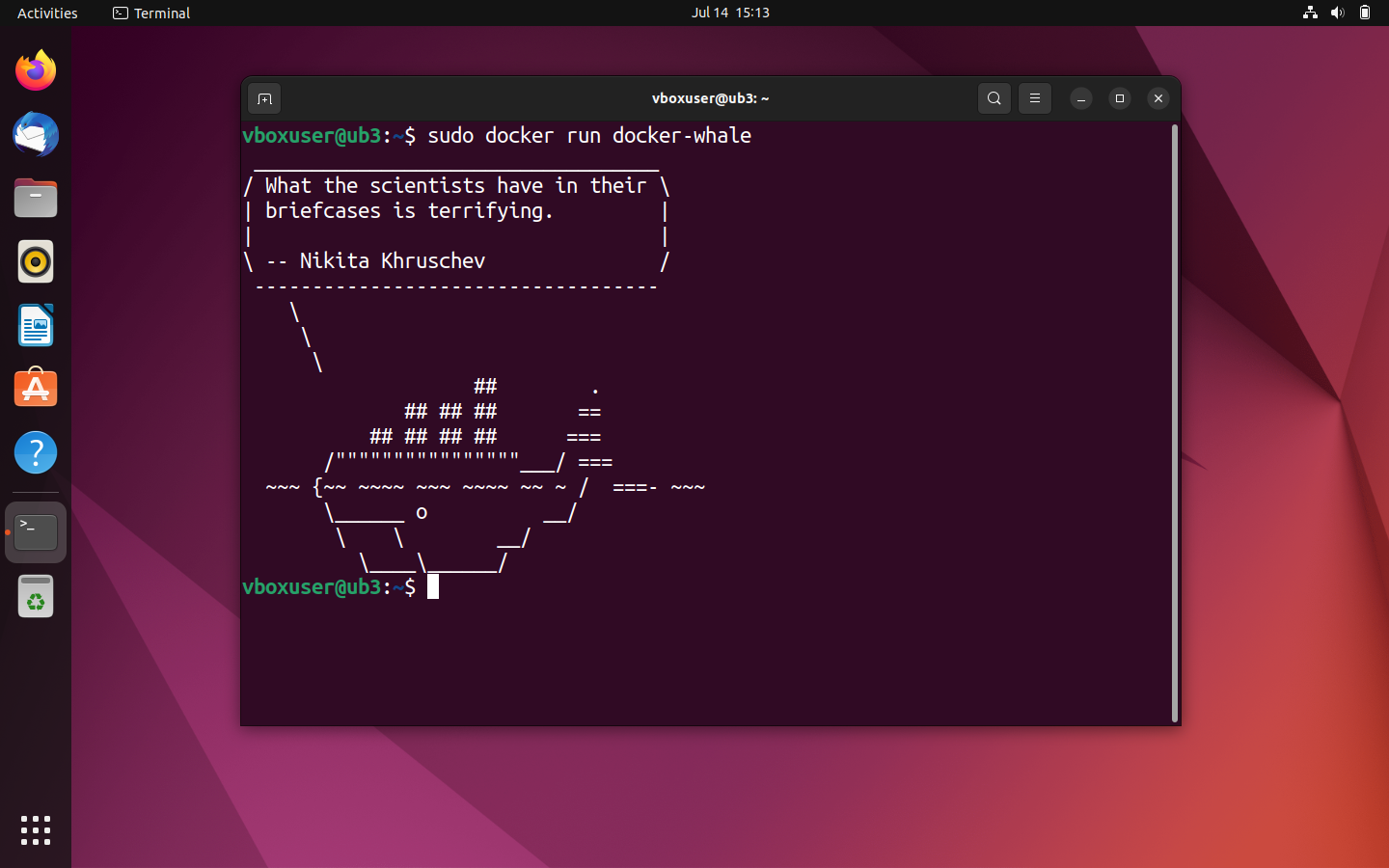La risposta di un container basato su docker-whale nel terminale di Ubuntu