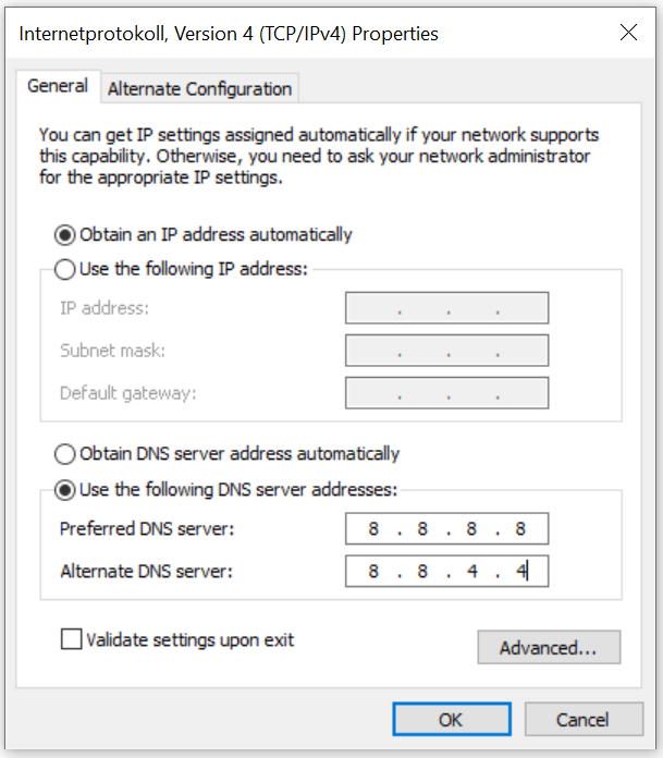 Windows 10: proprietà IPv4