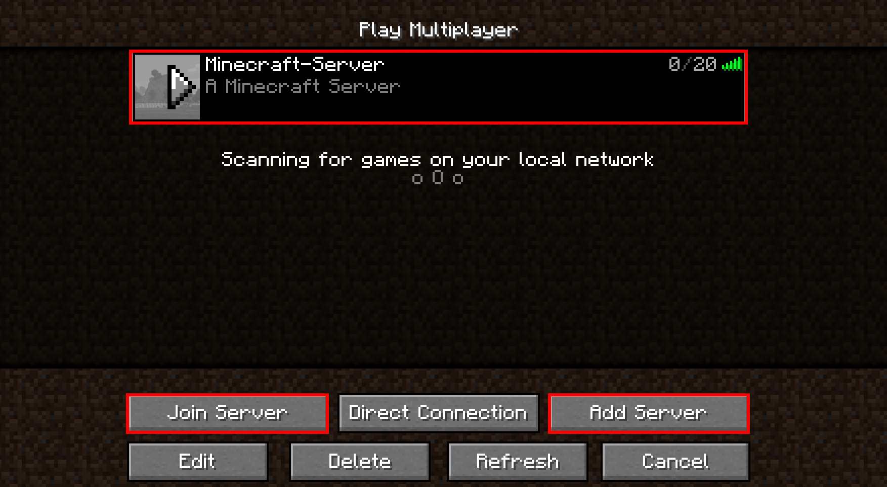 Il server Minecraft nella relativa sezione multiplayer