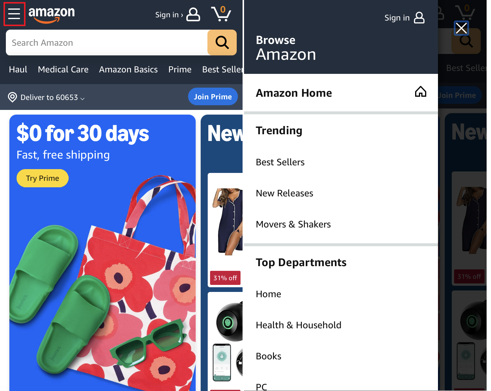 Navigazione con menu a tendina sul sito web di Amazon Immagine: Navigazione con menu a tendina sul sito web di Amazon