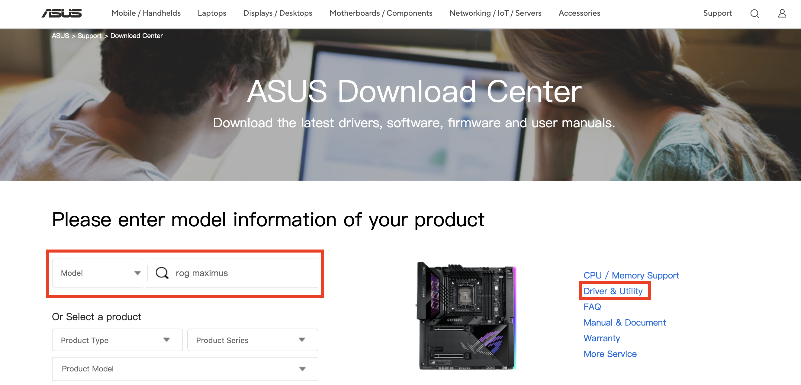 Sito web ASUS: ricerca prodotto Immagine: Sito web ASUS: ricerca prodotto