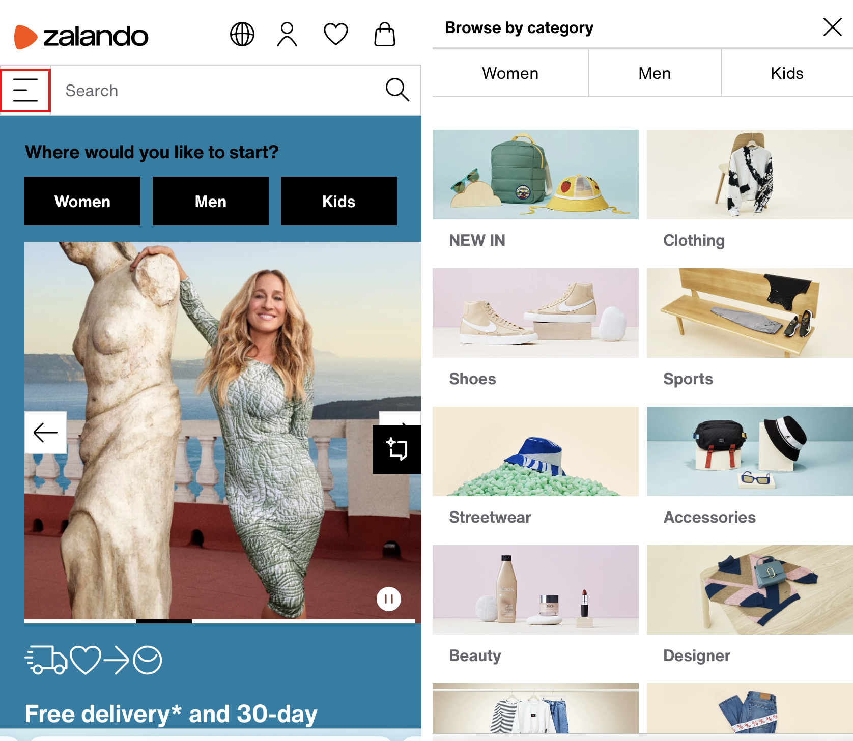 Navigazione a griglia nel negozio Zalando Immagine: Navigazione a griglia nel negozio Zalando