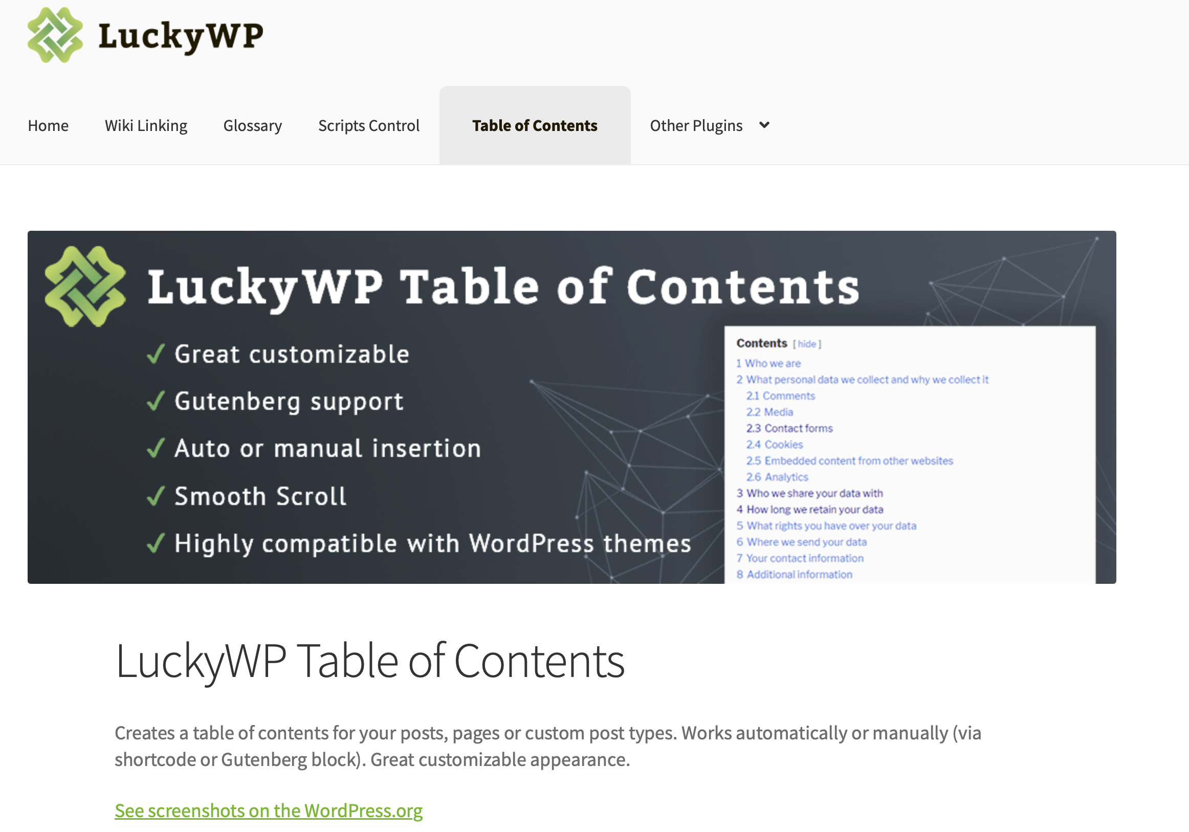 Pagina informativa su “LuckyWP Table of Contents” sulla pagina dello sviluppatore Immagine: Pagina informativa su “LuckyWP Table of Contents” sulla pagina dello sviluppatore