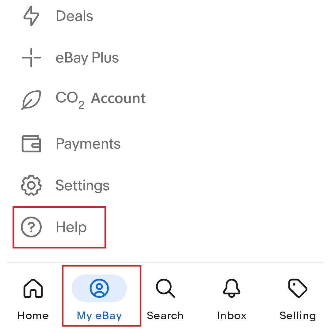 Screenshot del menu all’interno dell’app di eBay alla voce “Aiuto”, versione Android Screenshot del menu all’interno dell’app di eBay alla voce “Aiuto”, versione Android