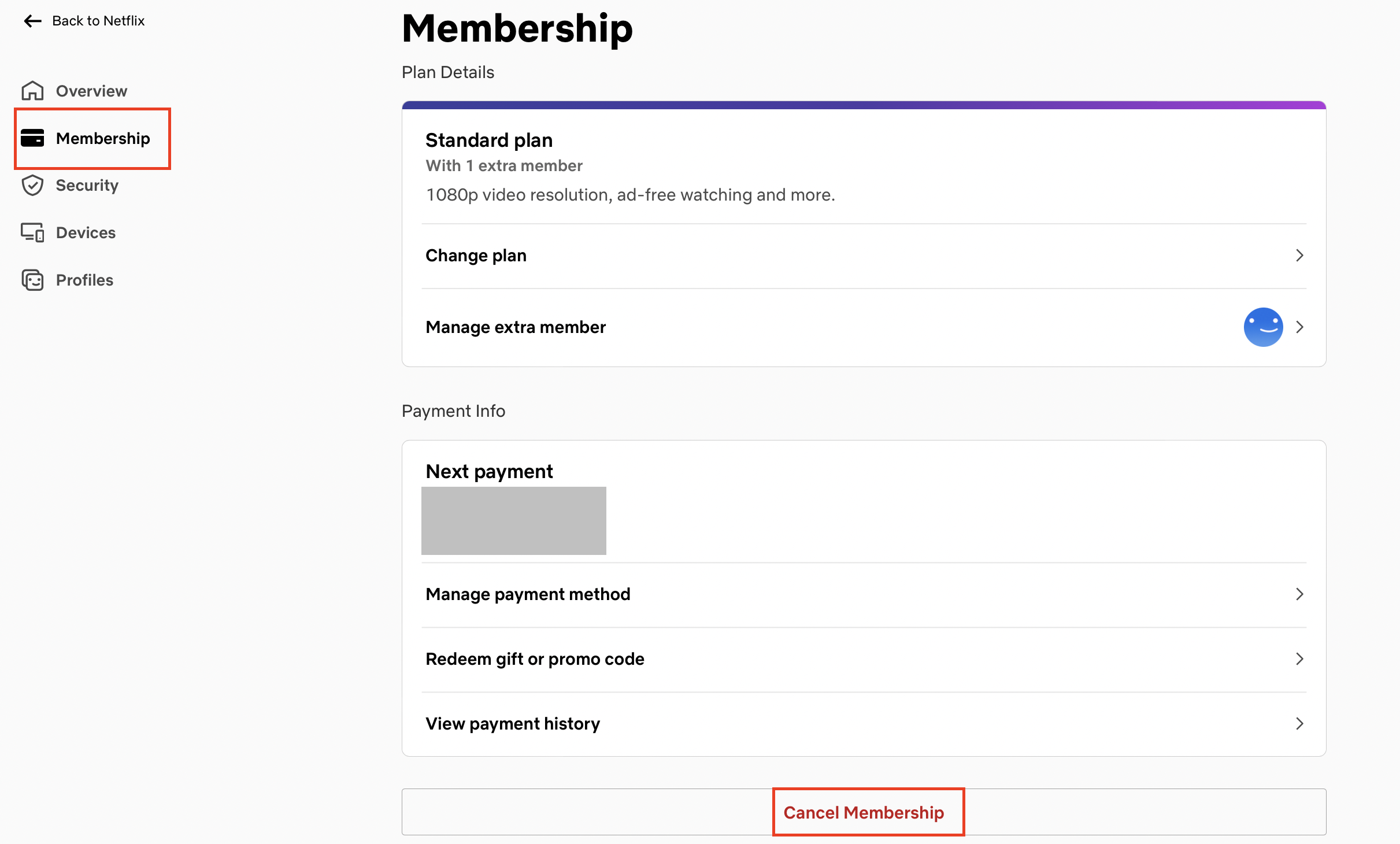 Visualizzazione dell’account Netflix con l’opzione per eliminare l’account e quindi disdire l’abbonamento Visualizzazione dell’account Netflix con l’opzione per eliminare l’account e quindi disdire l’abbonamento