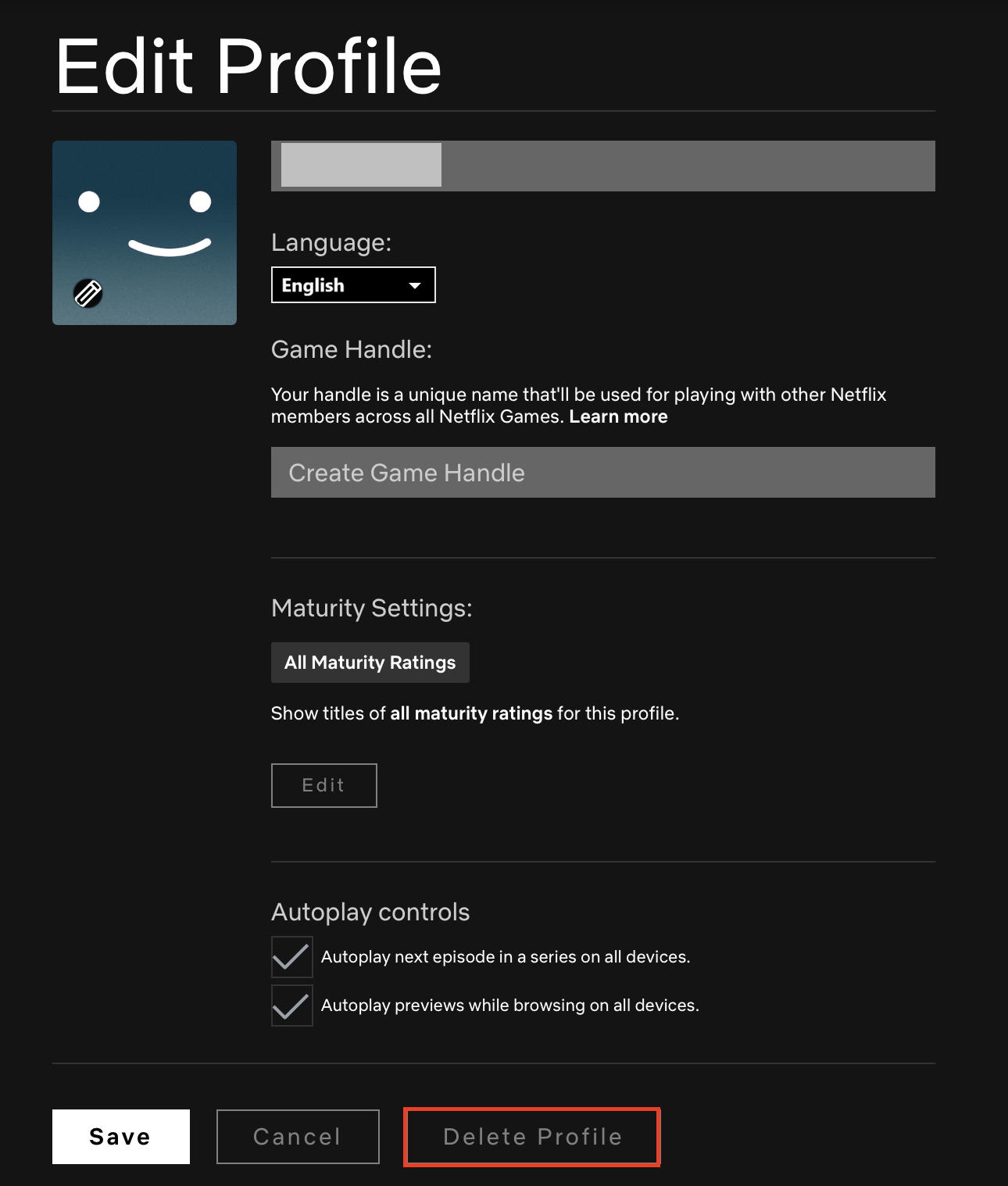 Versione browser di Netflix con il menu “Modifica profilo” e l’opzione “Elimina profilo” Versione browser di Netflix con il menu “Modifica profilo” e l’opzione “Elimina profilo”