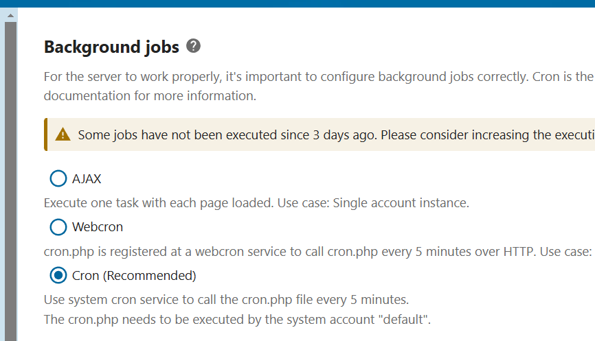 Nextcloud: menu “Background jobs” Immagine: Nextcloud: menu “Background jobs”