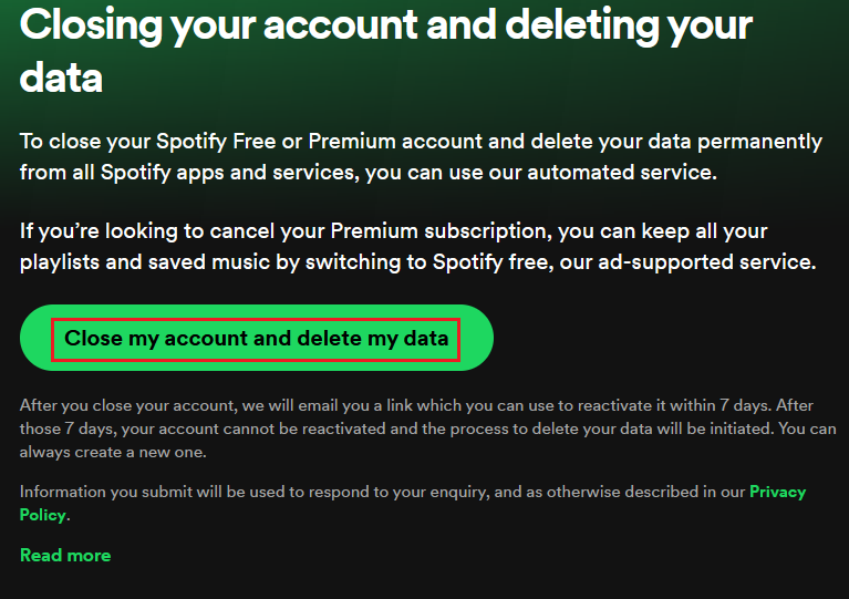 Spotify: pulsante “Chiudi l’account ed elimina i tuoi dati” Spotify: pulsante “Chiudi l’account ed elimina i tuoi dati”
