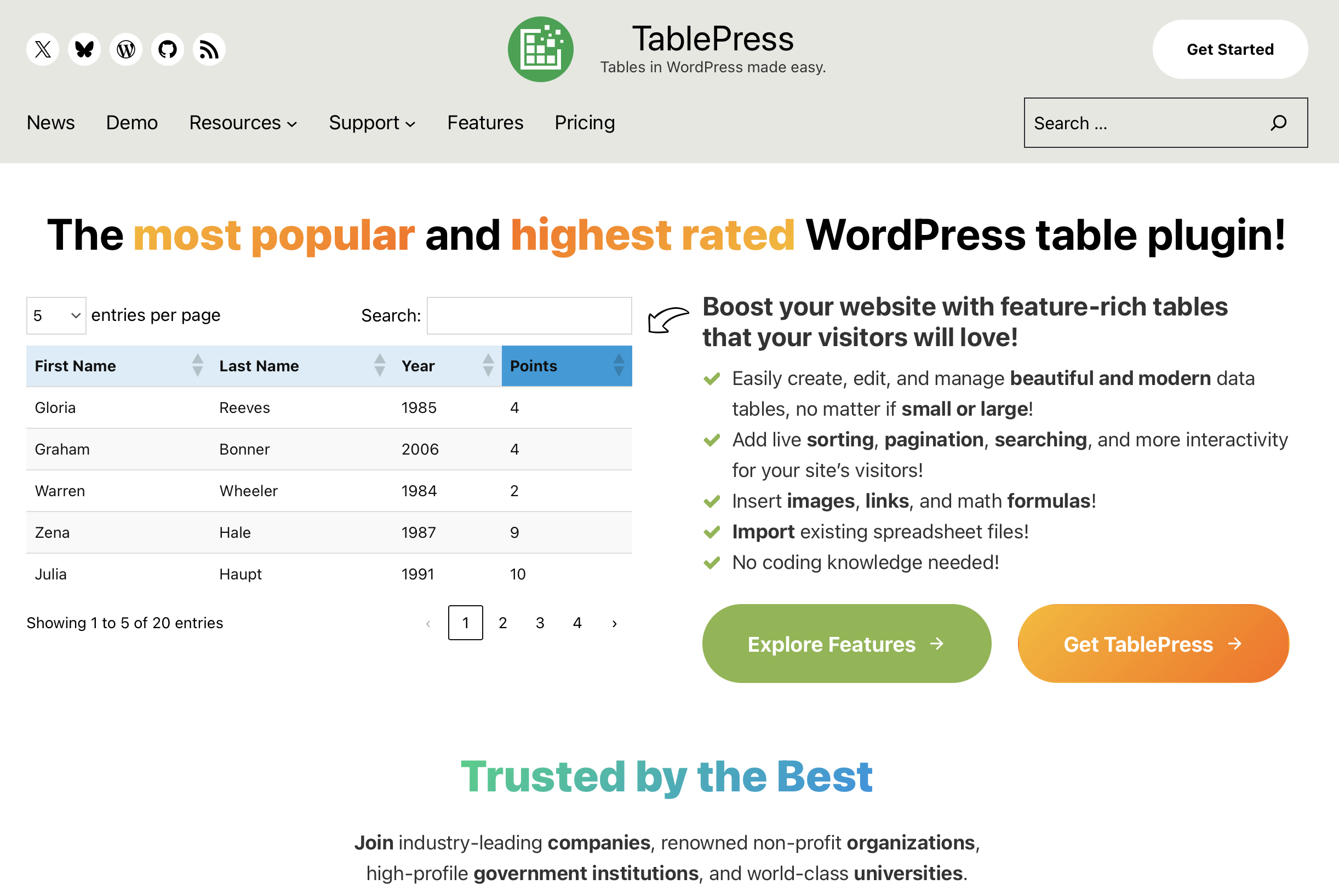 Homepage del plugin di WordPress TablePress Immagine: Homepage del plugin di WordPress TablePress