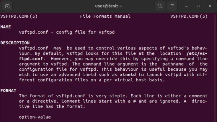 Pagina man del file di configurazione vsftpd Immagine: Pagina man del file di configurazione vsftpd