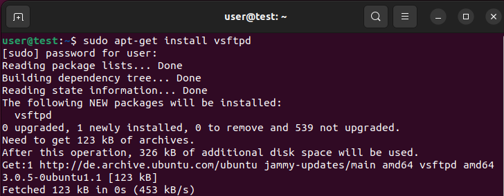 Ubuntu 22.04: installazione di vsftpd nel terminale Immagine: Ubuntu 22.04: installazione di vsftpd nel terminale