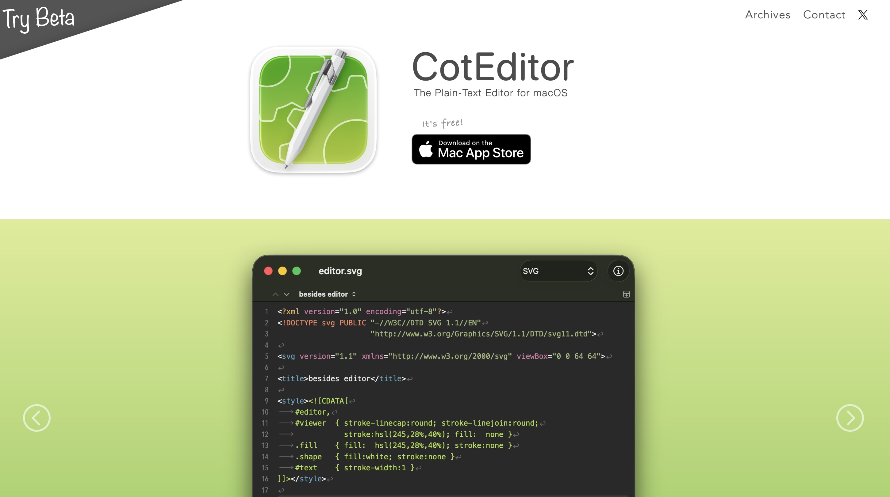 Screenshot del sito di CotEditor Immagine: Screenshot del sito di CotEditor