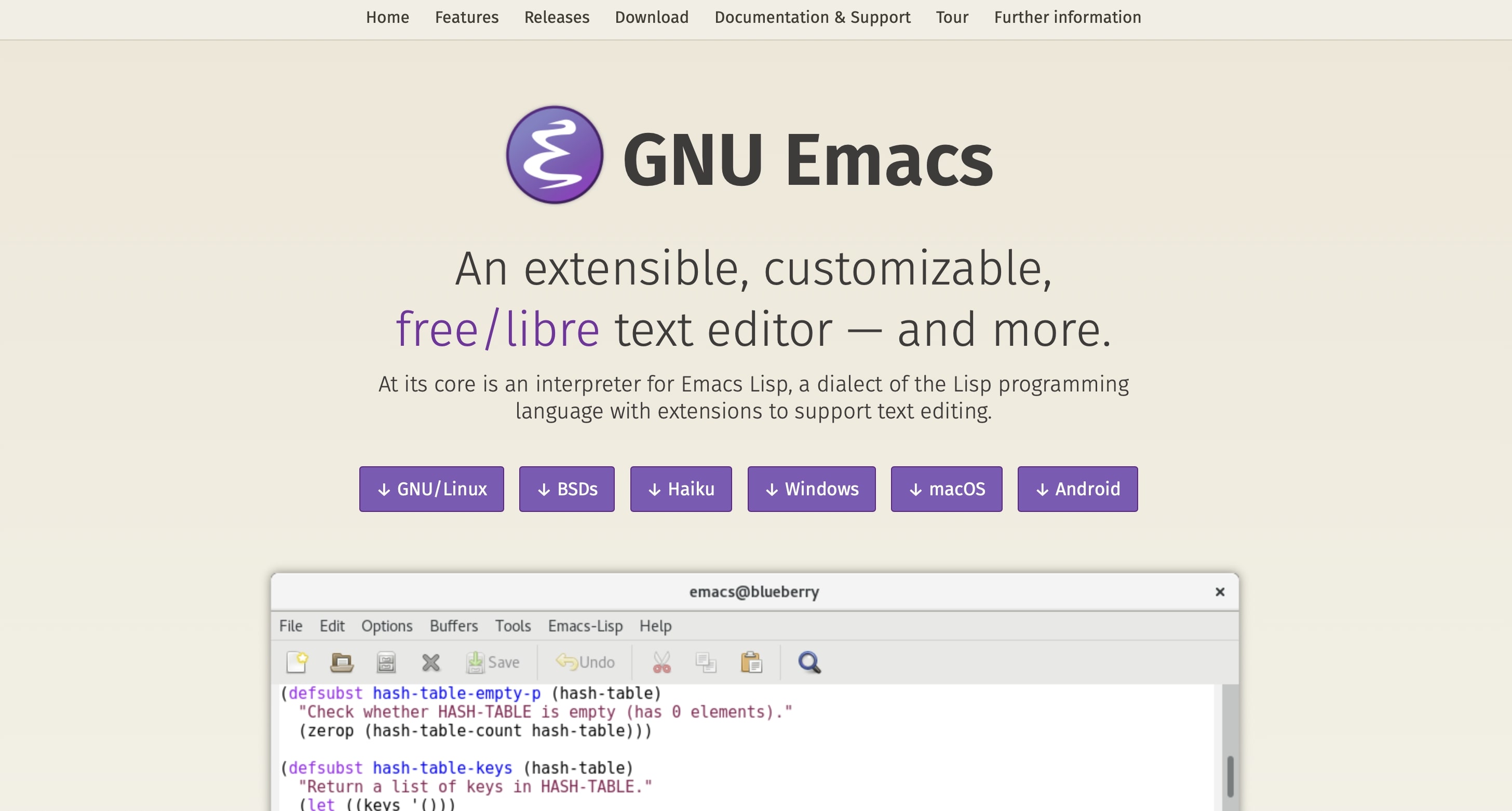 Screenshot del sito di GNU Emacs Immagine: Screenshot del sito di GNU Emacs
