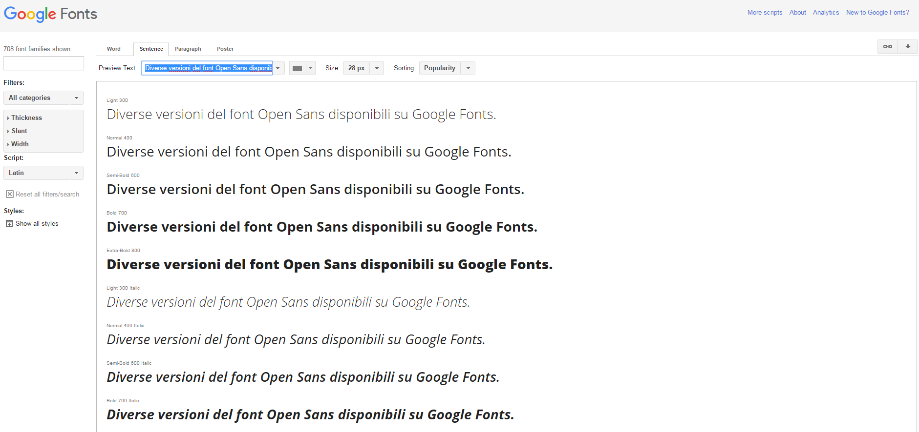 Diverse versioni del font Open Sans disponibili su Google Fonts